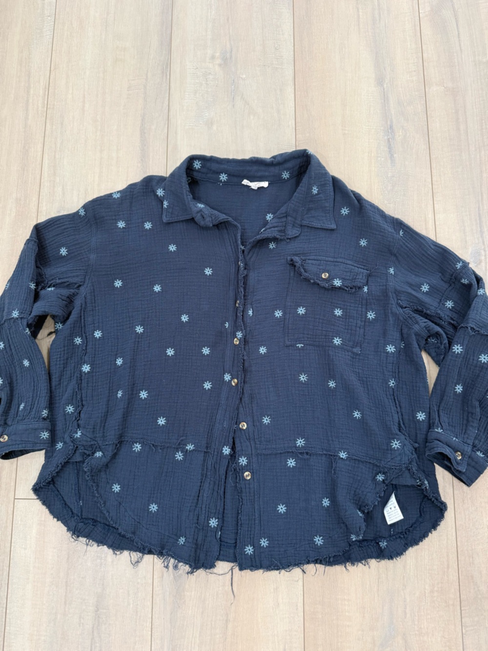EASEL Oversized Navy Button-Down Shirt with Flower-Shaped Motif